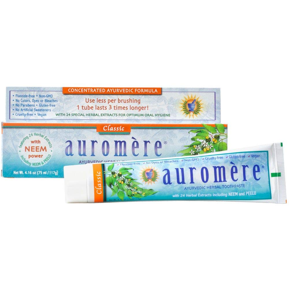 Auromere frente del tubo mostrando etiqueta y beneficios naturales