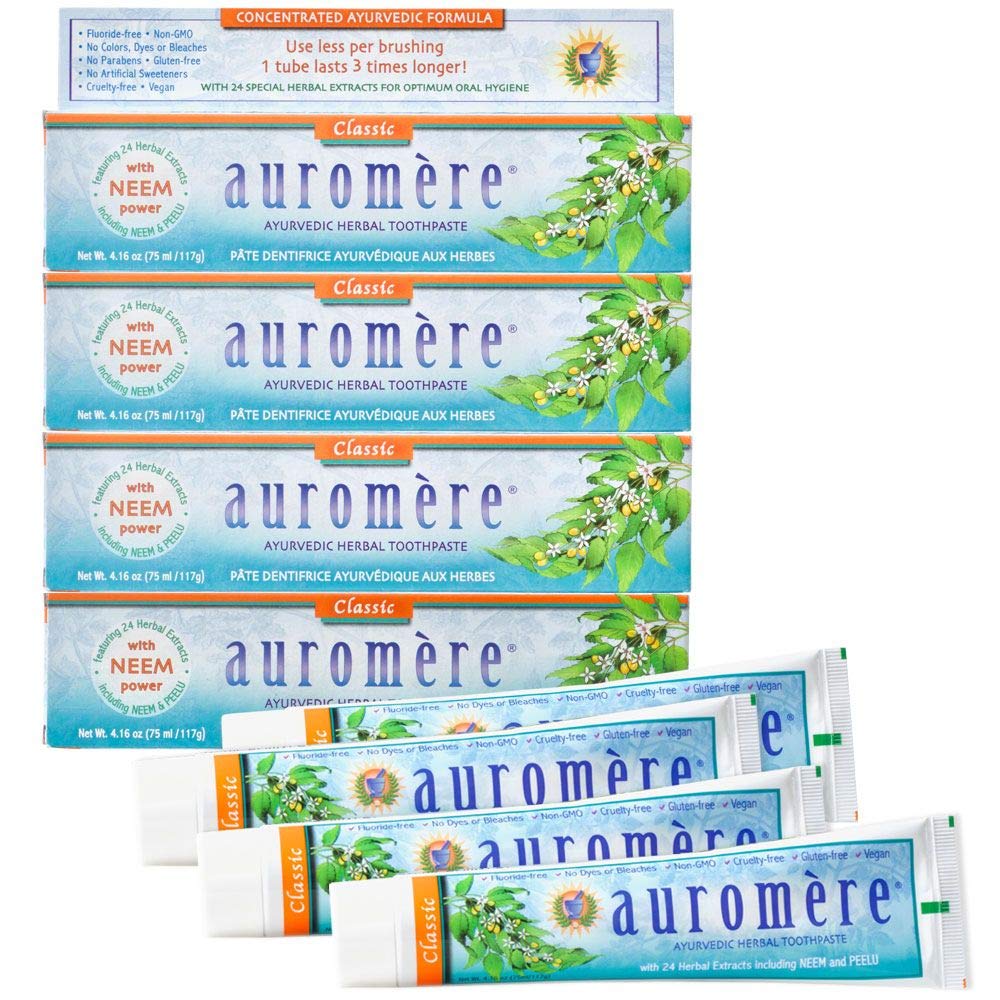 Auromere frontal del pack de 4 tubos mostrando la marca y duración prolongada