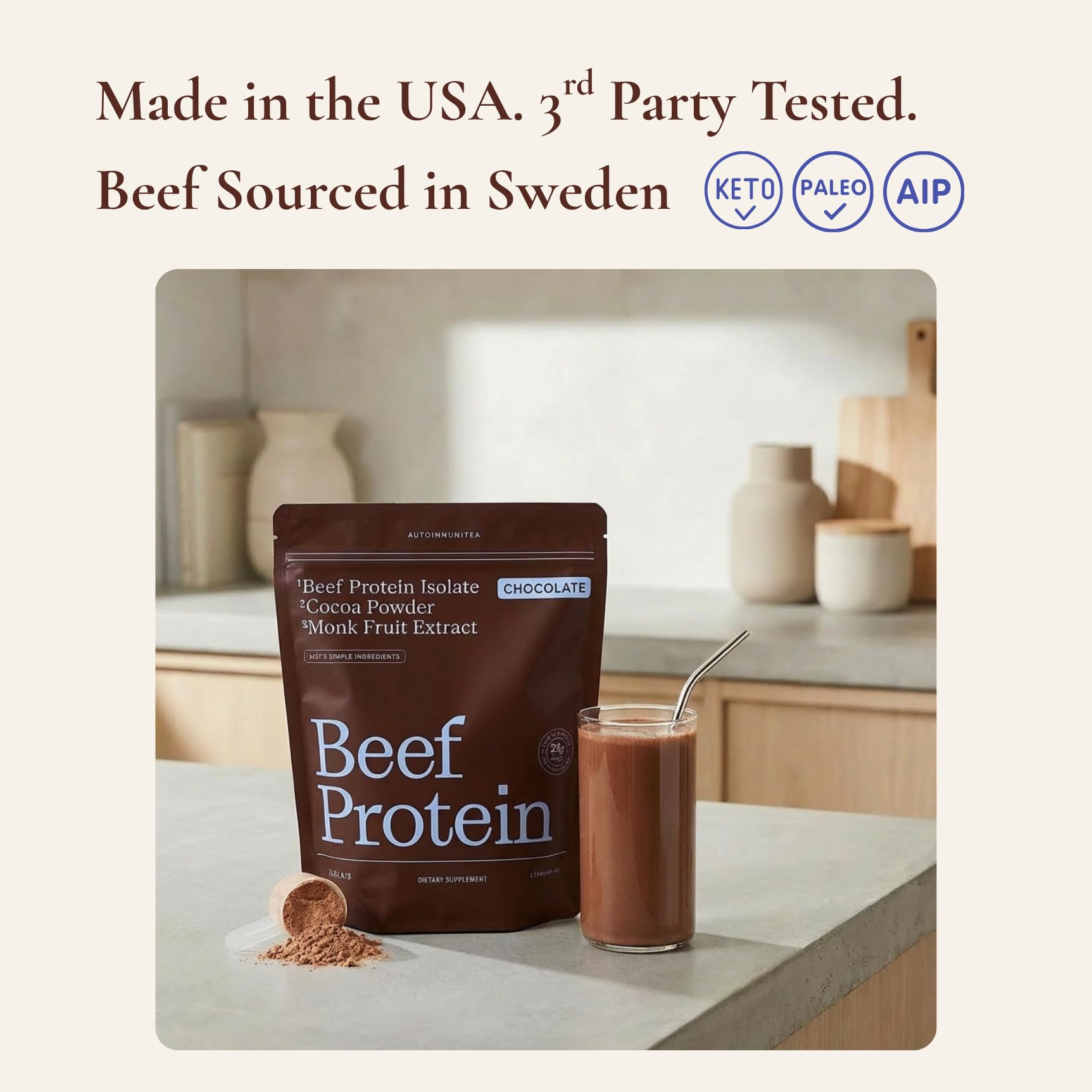 Autoimmuni-Tea vaso con batido de chocolate, proteína práctica y sabrosa