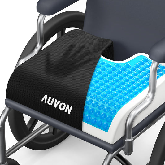 AUVON cojín frontal empaquetado mostrando tamaño y beneficios de confort