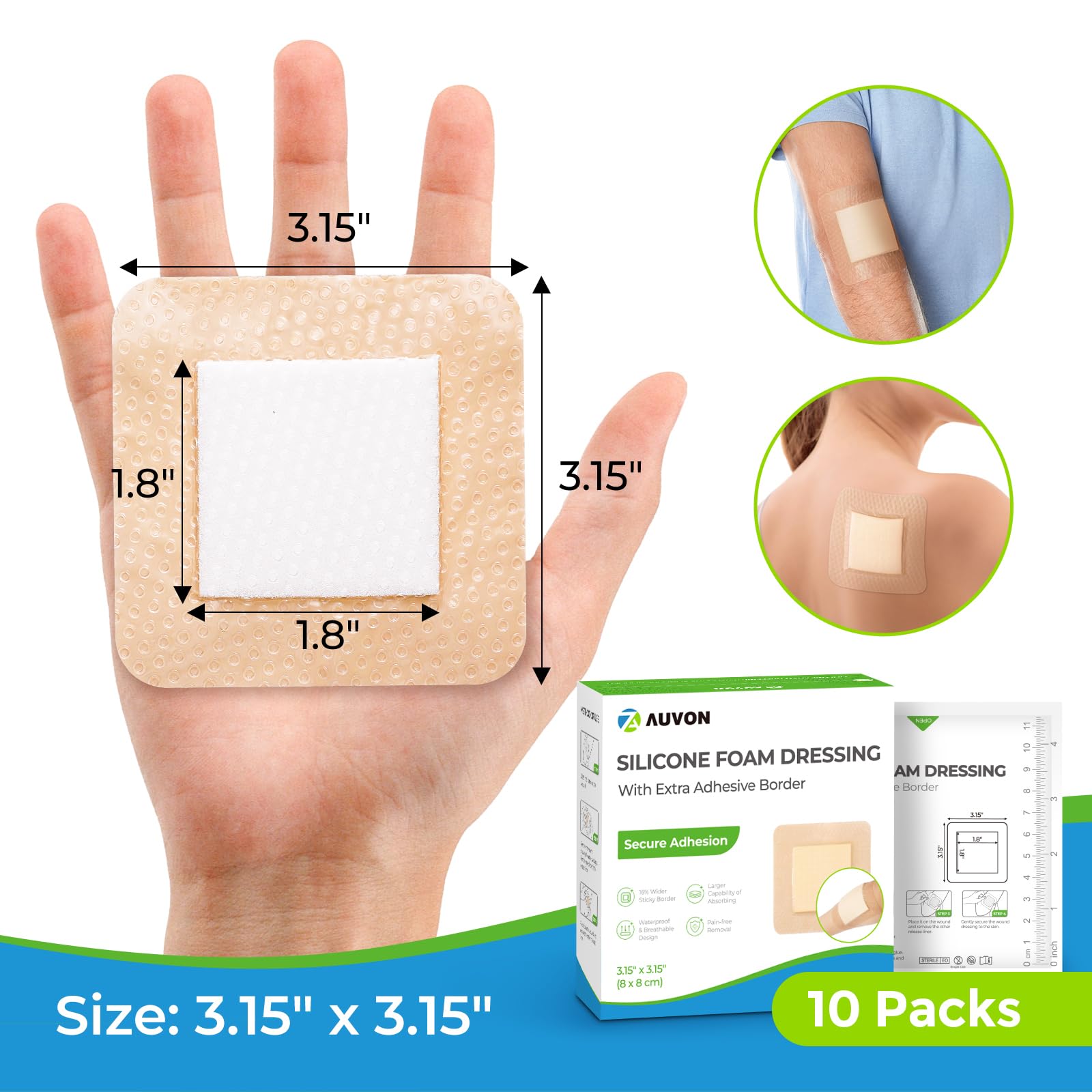 AUVON apósito aplicado en brazo, protección discreta durante actividades