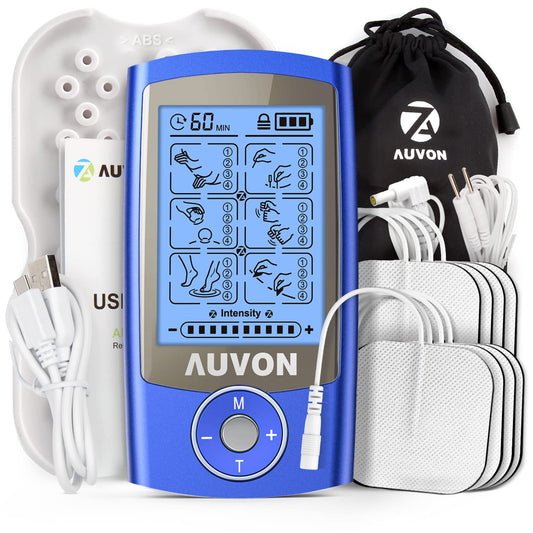 AUVON vista frontal del electroestimulador portátil con controles claros y beneficios de uso rápido