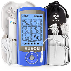 AUVON vista frontal del electroestimulador portátil con controles claros y beneficios de uso rápido