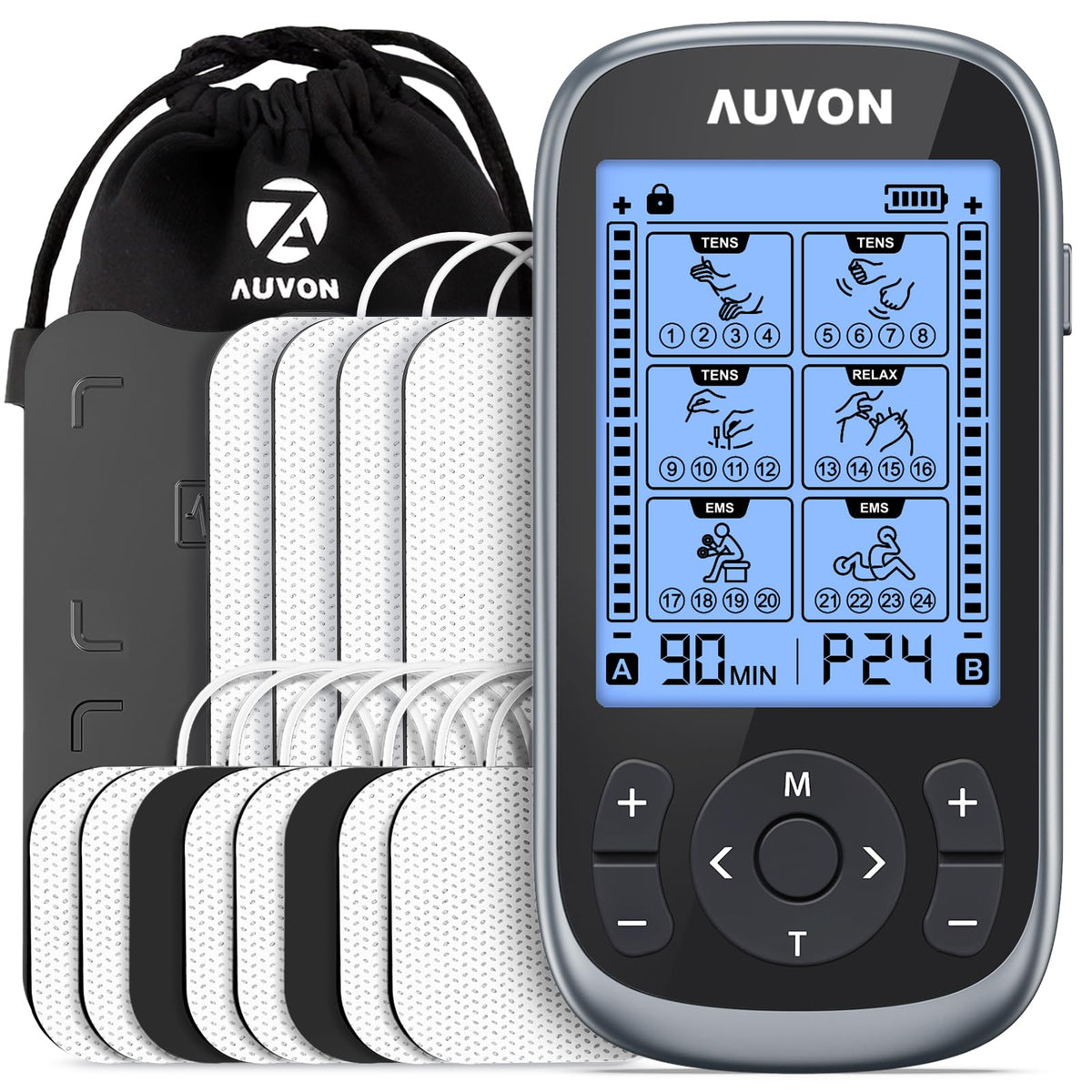 AUVON vista frontal del estimulador portátil con controles claros y beneficios de portabilidad