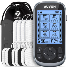 AUVON vista frontal del estimulador portátil con controles claros y beneficios de portabilidad