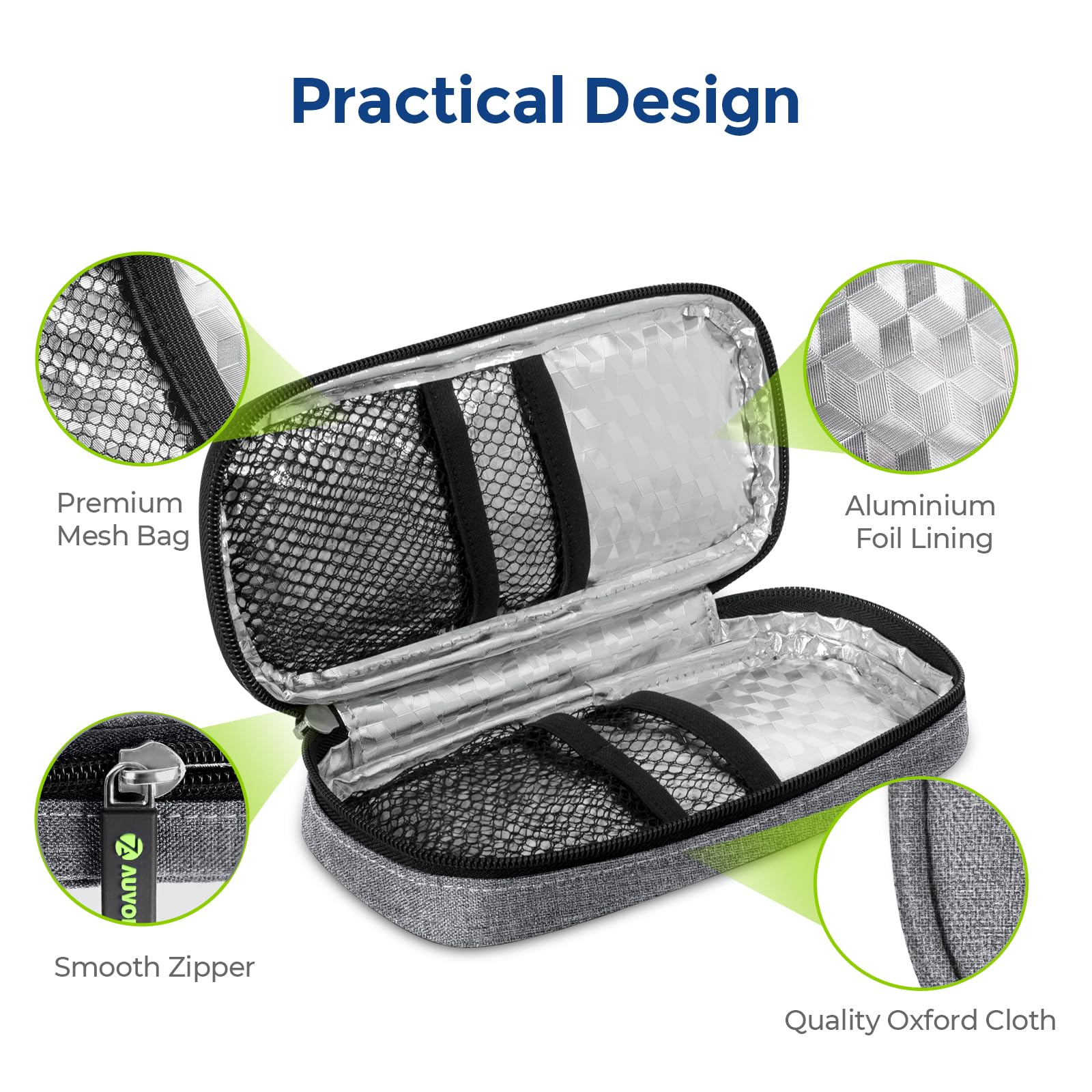 AUVON interior organizado con 2–3 plumas, agujas y toallitas para acceso inmediato