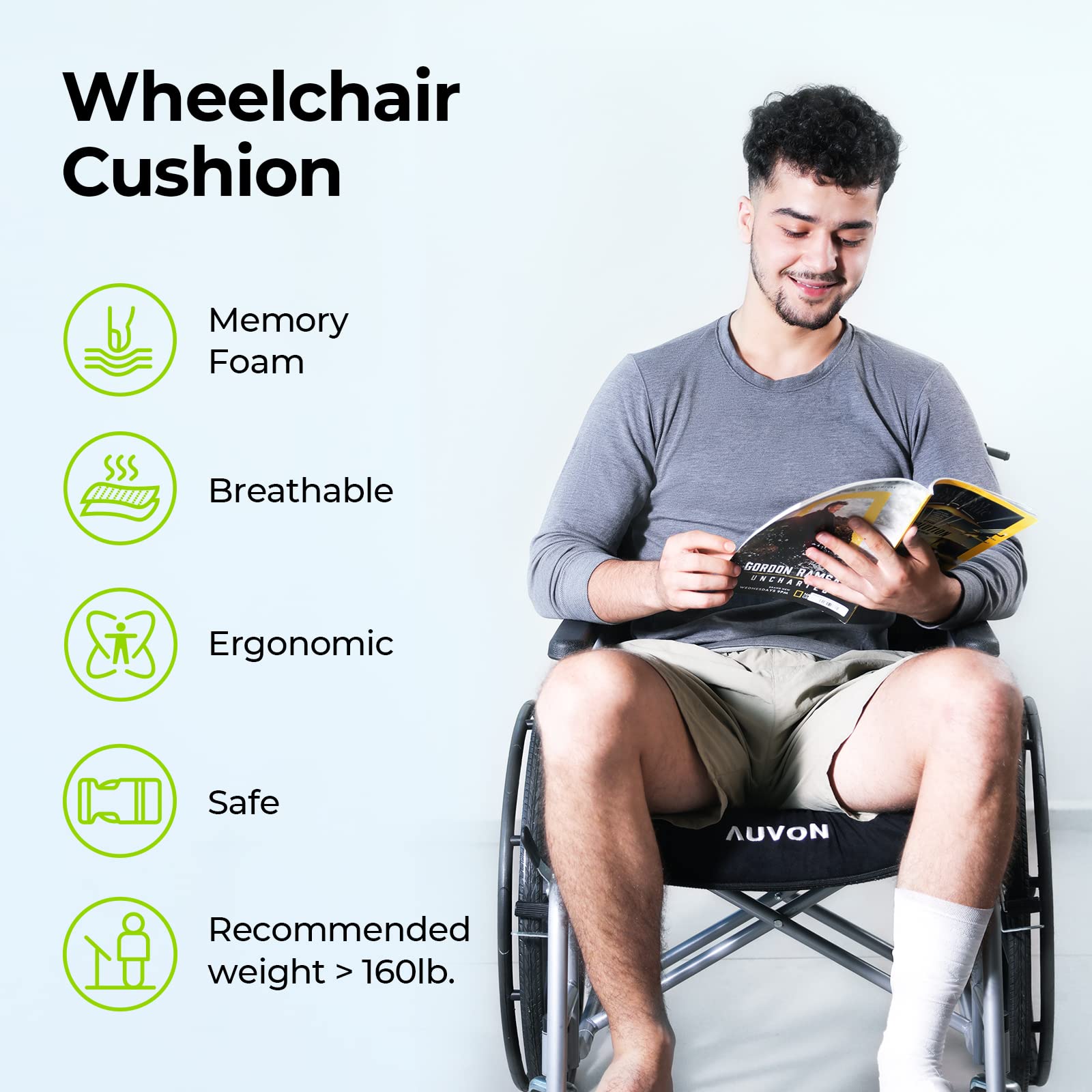 AUVON cojín instalado en silla de ruedas ofreciendo soporte ergonómico