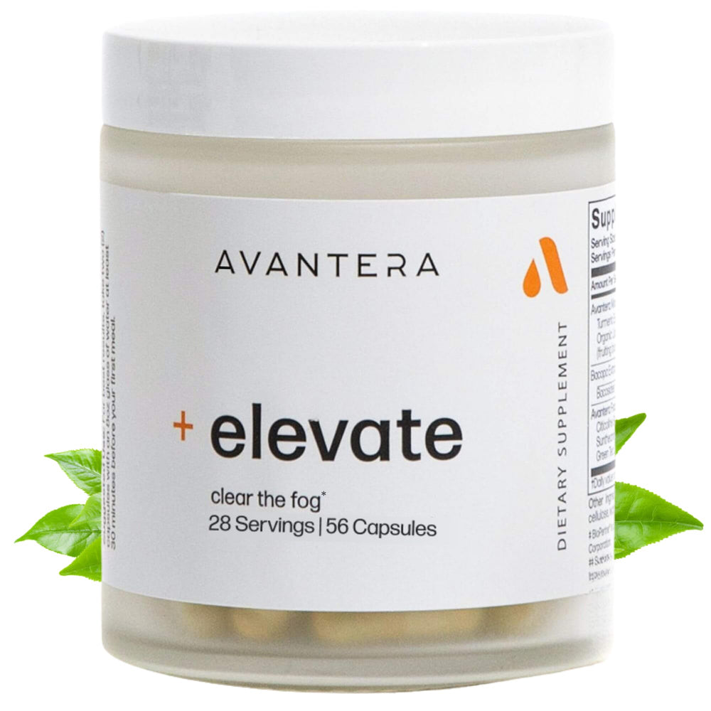 Avantera Elevate vista frontal del frasco con cápsulas, promete enfoque natural