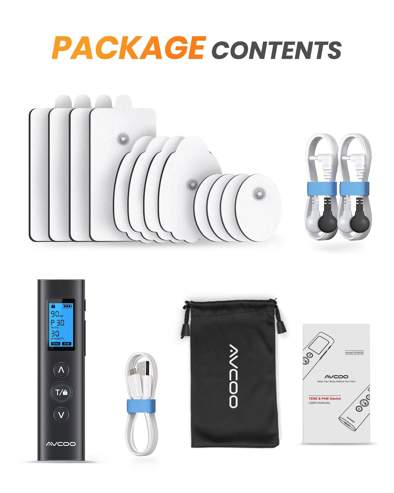 AVCOO contenido del paquete con cables, electrodos y manual, listo para usar