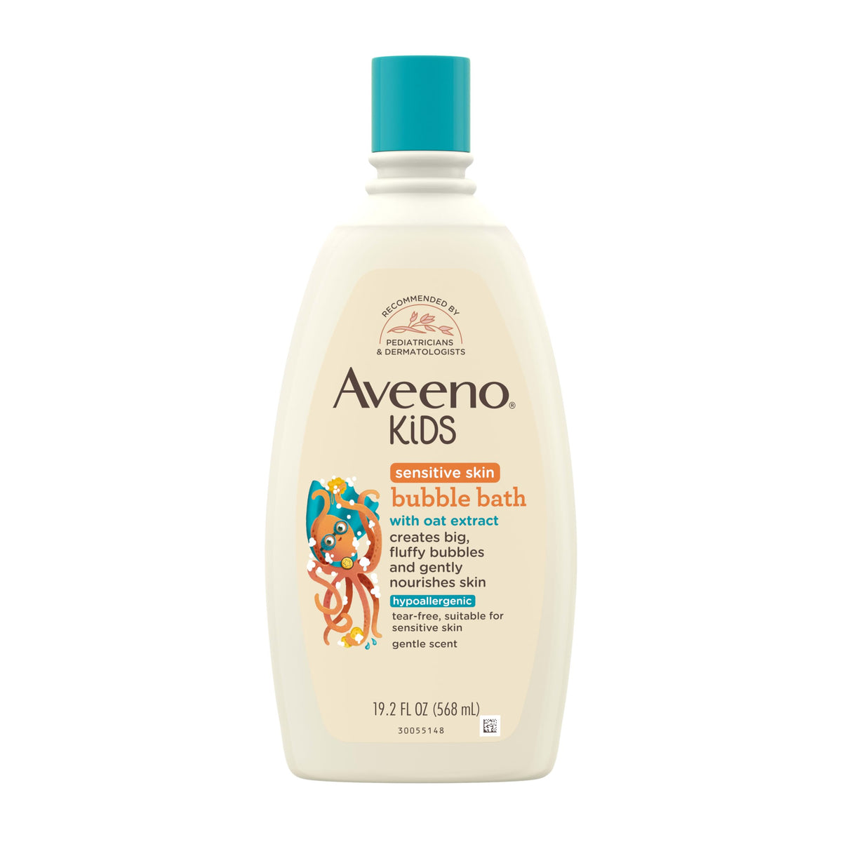 Aveeno Baby frente del envase mostrando 19.2 fl. oz y diseño amigable para padres