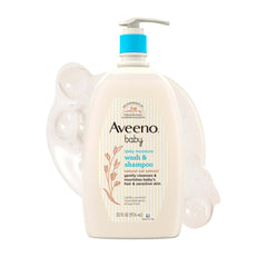 Aveeno Baby botella frontal mostrando etiqueta y tamaño 33 fl oz, opción económica