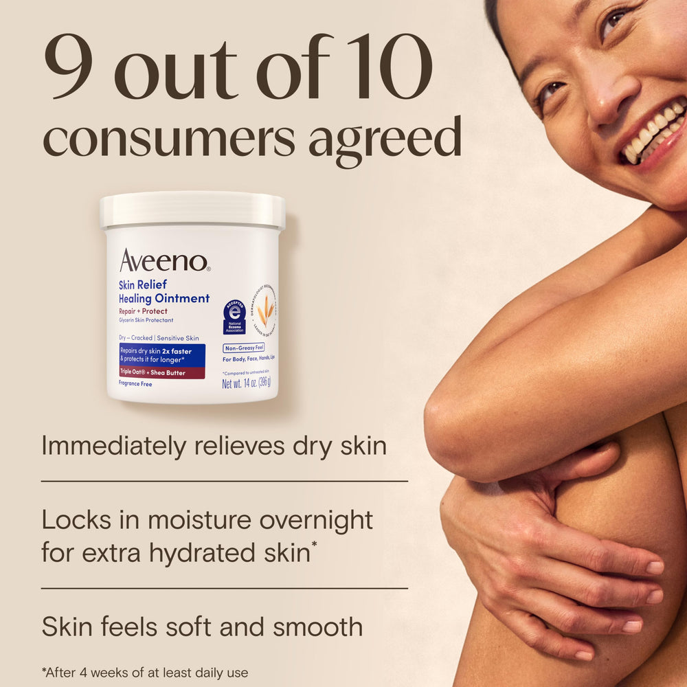 Primer plano de la etiqueta Aveeno mostrando ingredientes clave