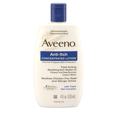 Aveeno envase frontal mostrando tamaño 4 fl oz y beneficios calmantes