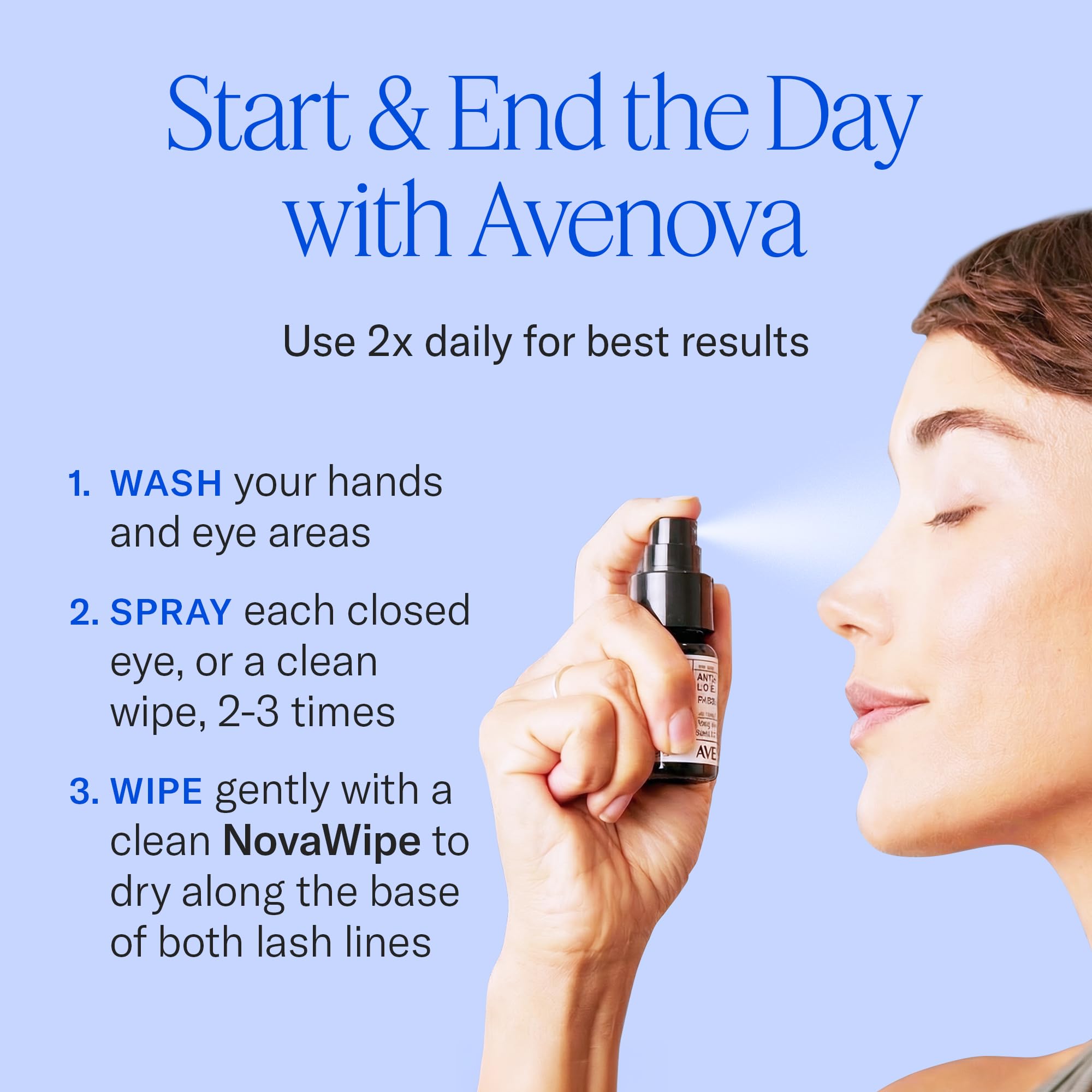 Avenova en ambiente de baño moderno, rutina ocular diaria segura
