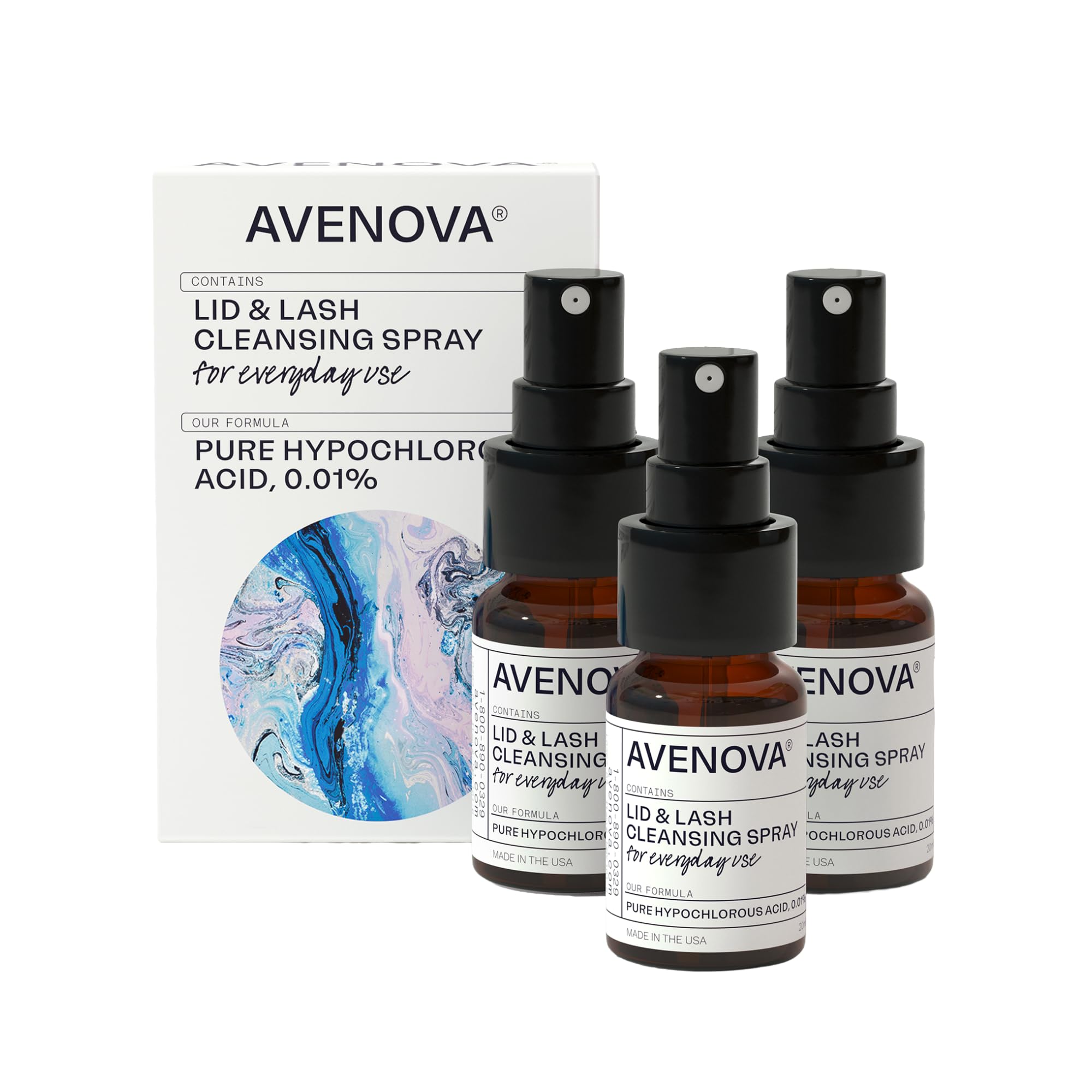 Avenova frontal del pack de tres botellas, presentación práctica