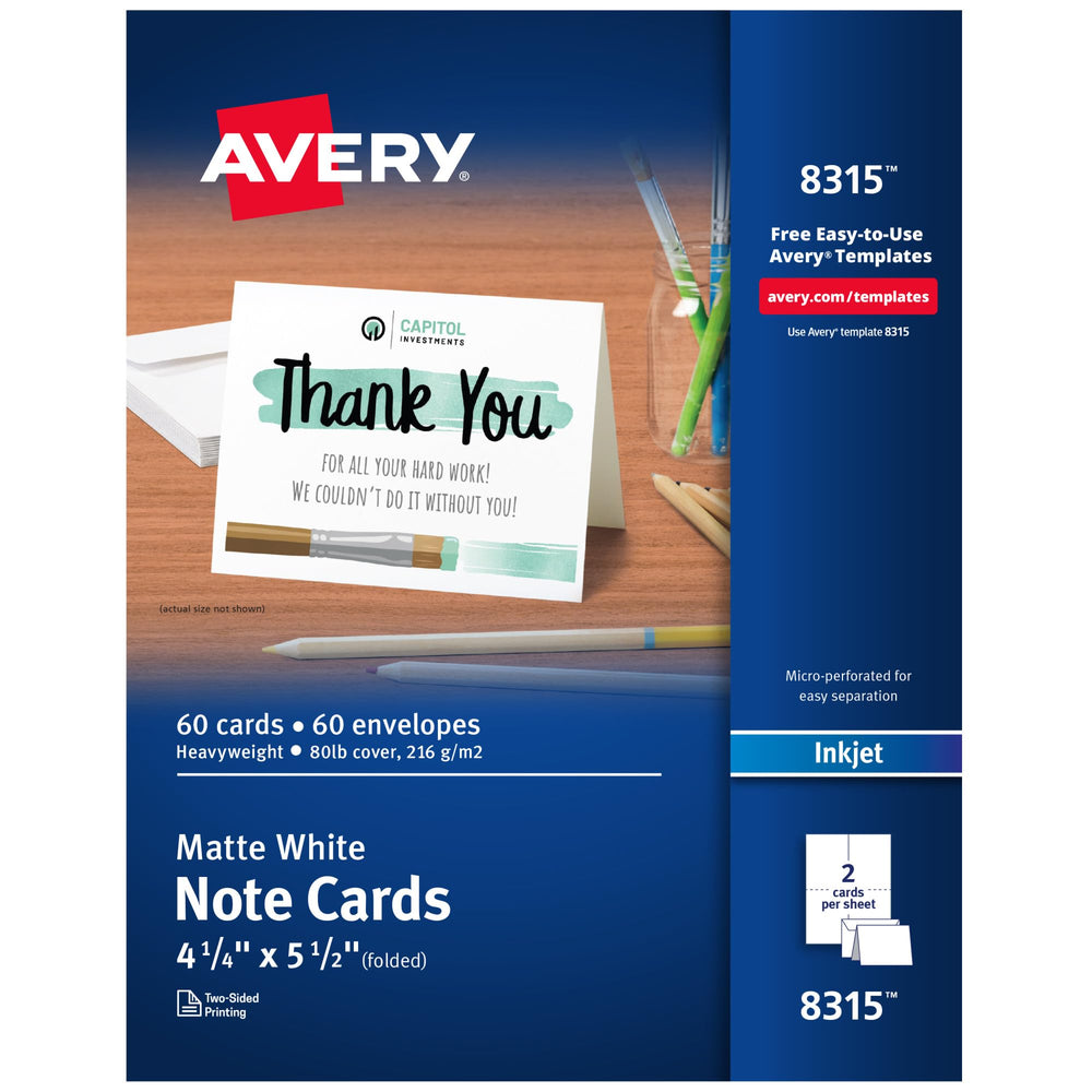 Avery muestra frontal del paquete con tarjetas y sobres para una presentación profesional