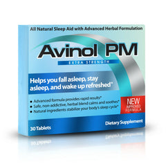 Avinol PM envase frontal mostrando la marca y beneficios para dormir