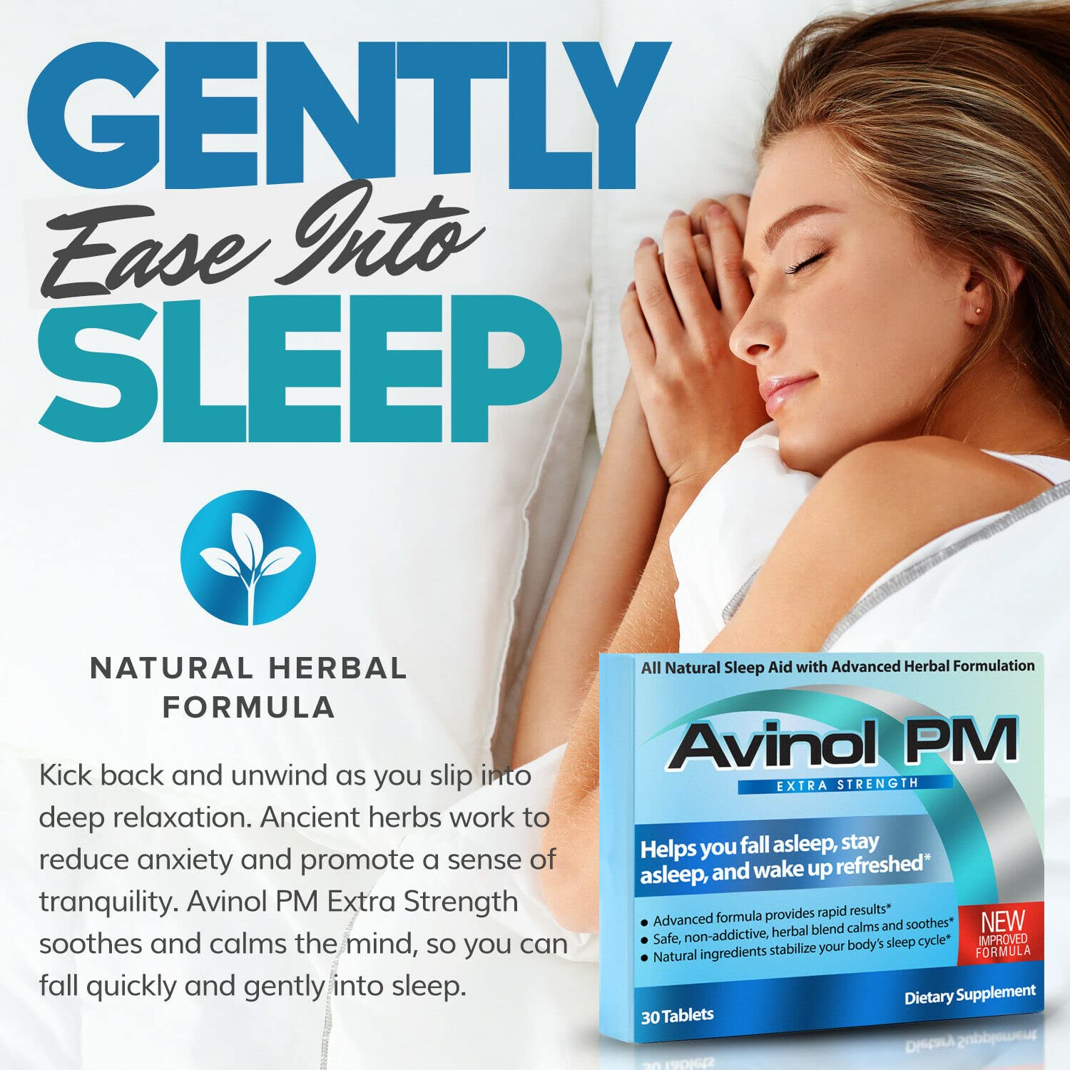 Persona tomando Avinol PM junto a la cama para una rutina nocturna relajante