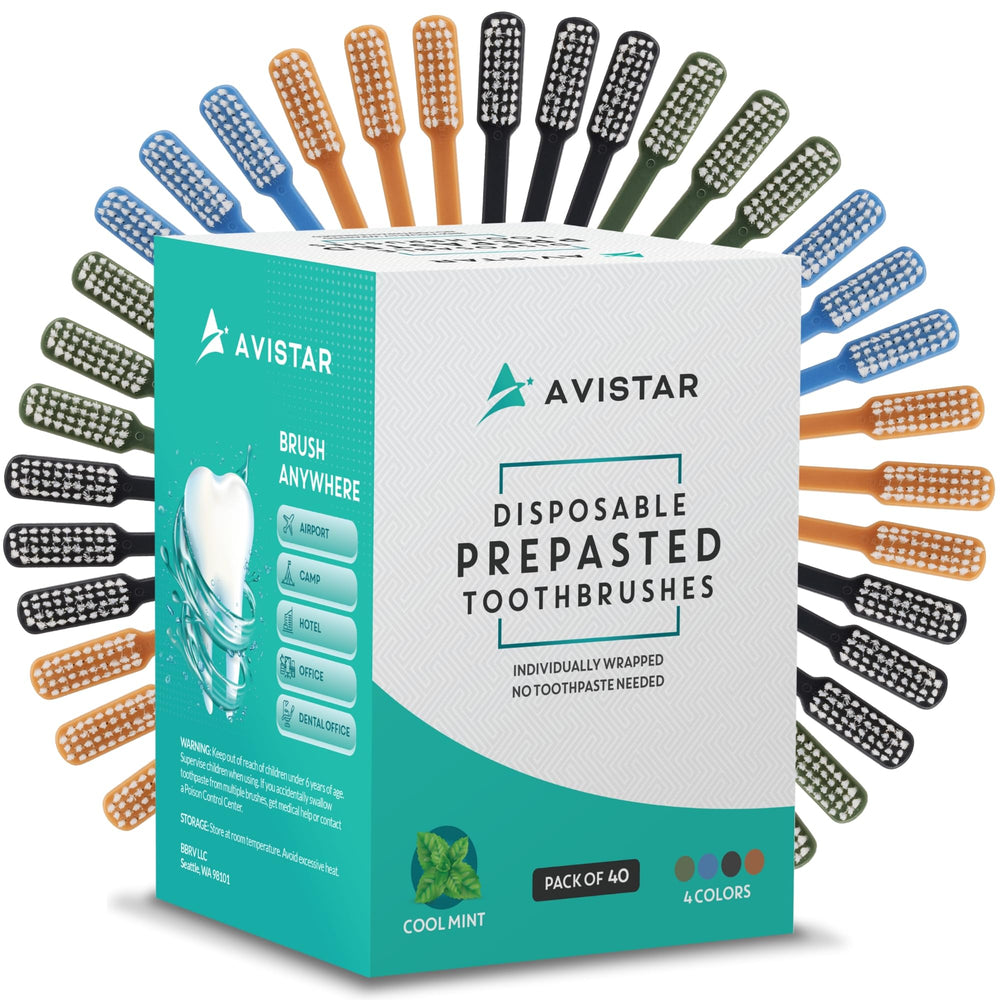 Avistar empaque frontal mostrando 40 cepillos listas para viaje y conveniencia