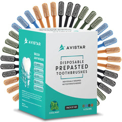 Avistar empaque frontal mostrando 40 cepillos listas para viaje y conveniencia
