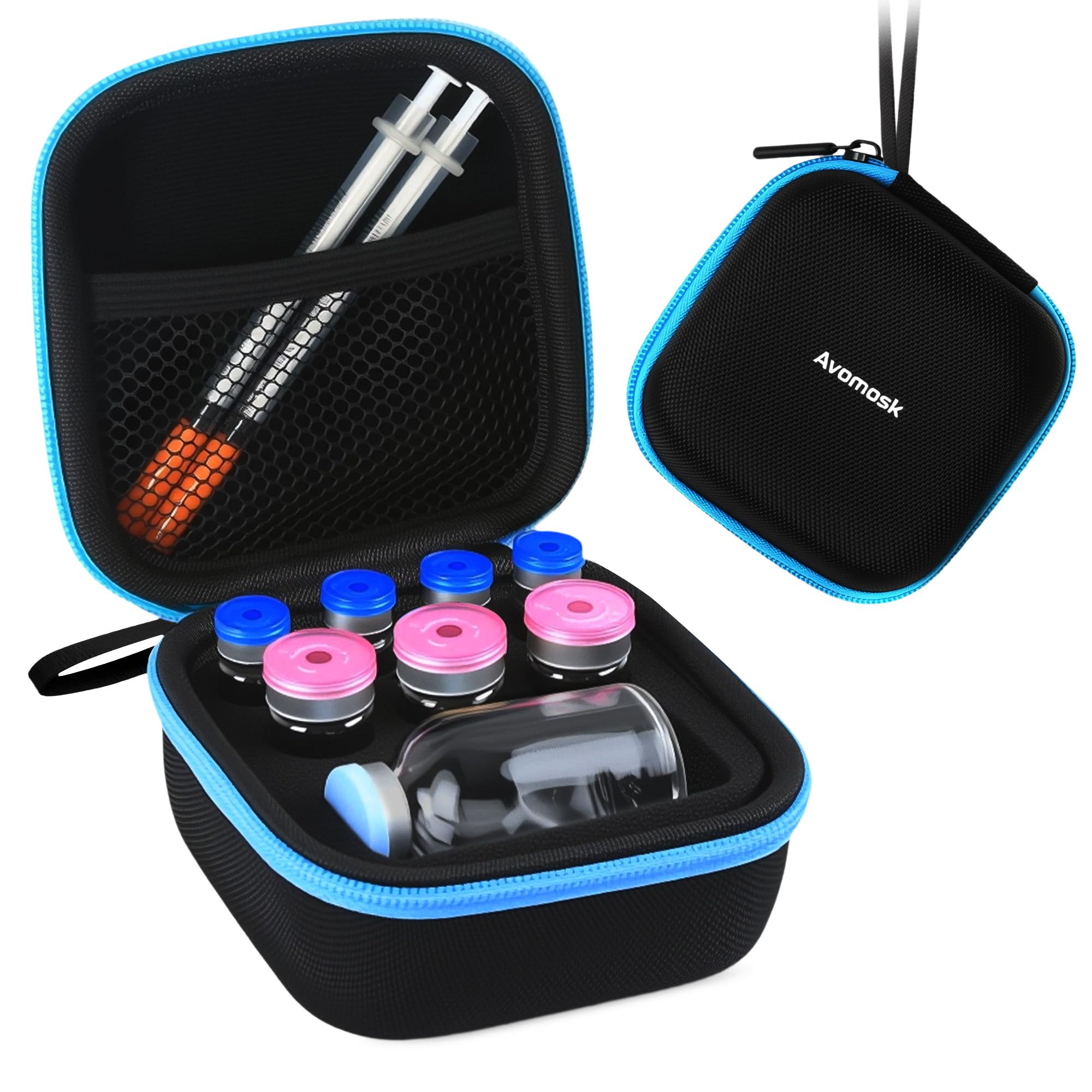 Avomosk estuche frontal mostrando diseño y cierre seguro