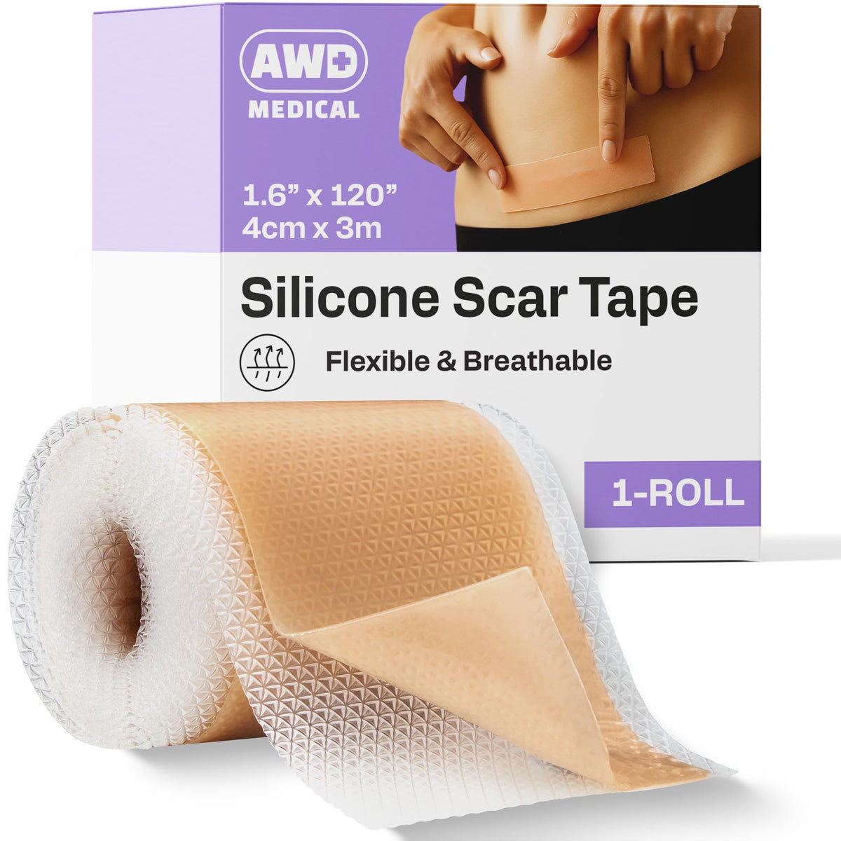 AWD Medical empaque frontal mostrando cinta reutilizable y tamaño