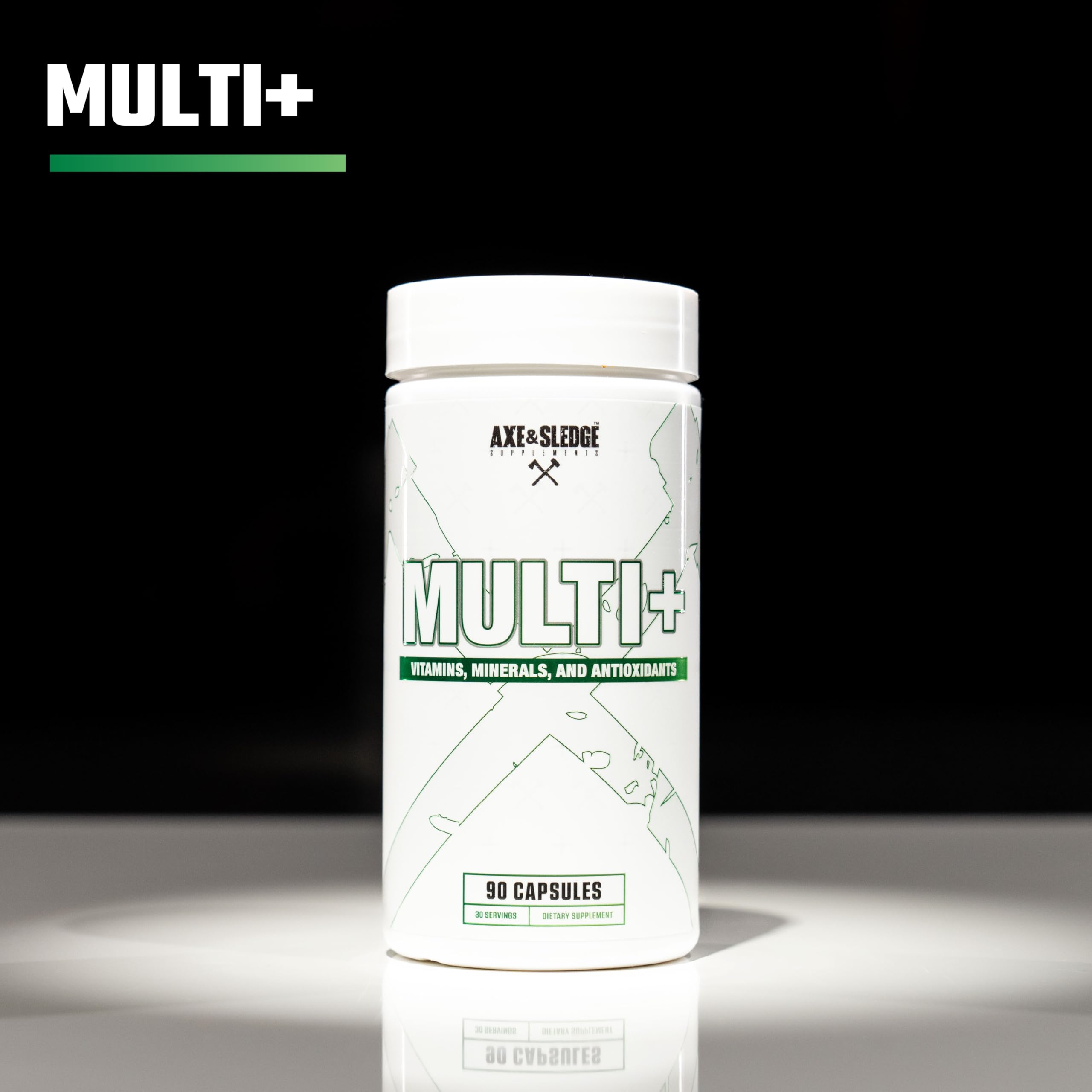 Axe & Sledge multivitamínico junto a una moneda para comparar tamaño y conveniencia de 90 cápsulas