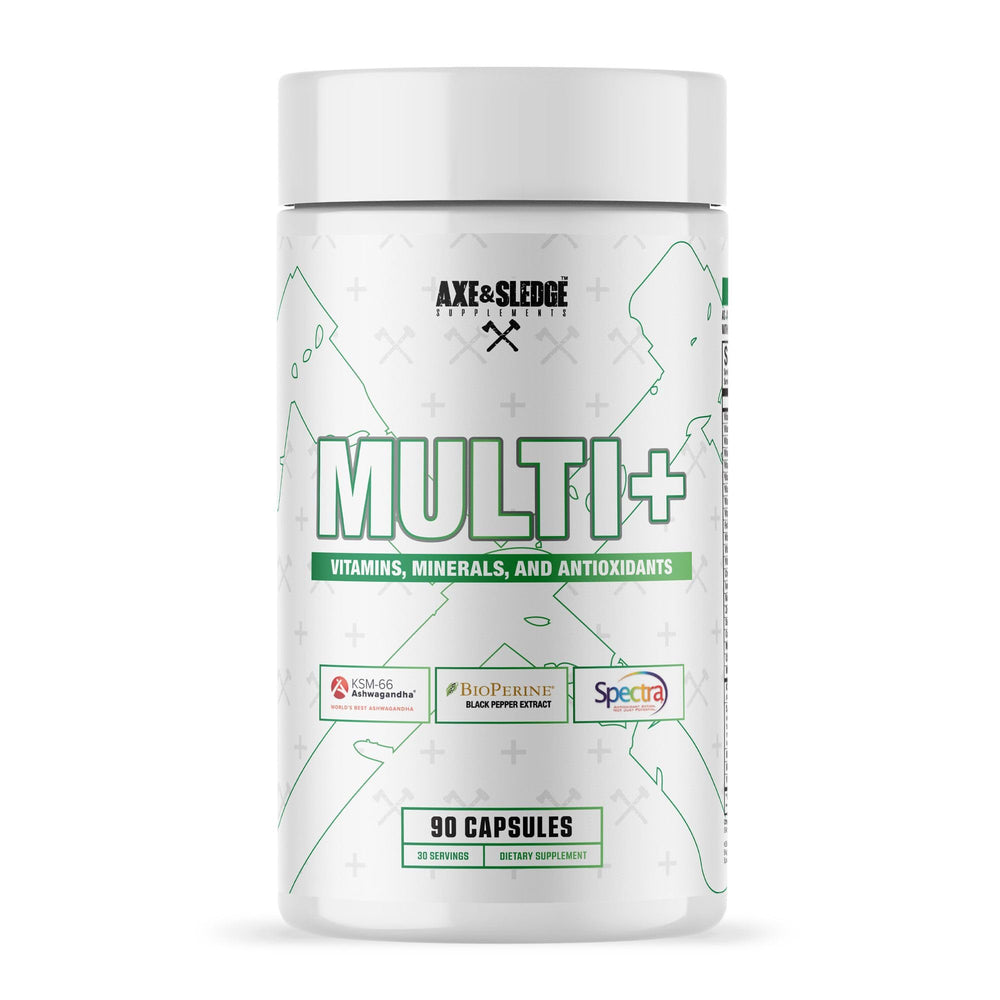Axe & Sledge frasco delantero del multivitamínico mostrando etiqueta clara y beneficio de soporte diario