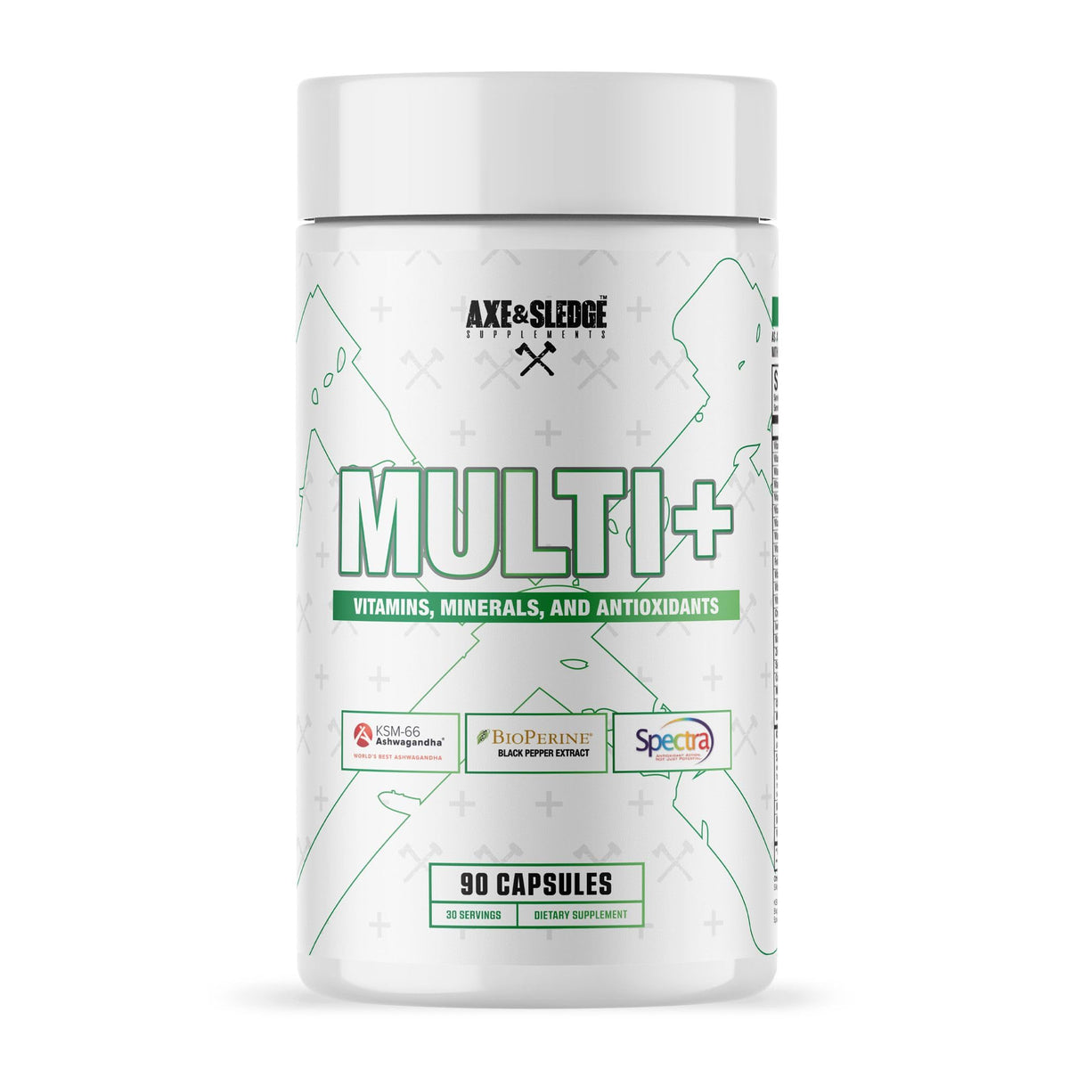 Axe & Sledge frasco delantero del multivitamínico mostrando etiqueta clara y beneficio de soporte diario
