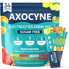 AXOCYNE frente del empaquetado mostrando variedad de sabores y beneficio práctico