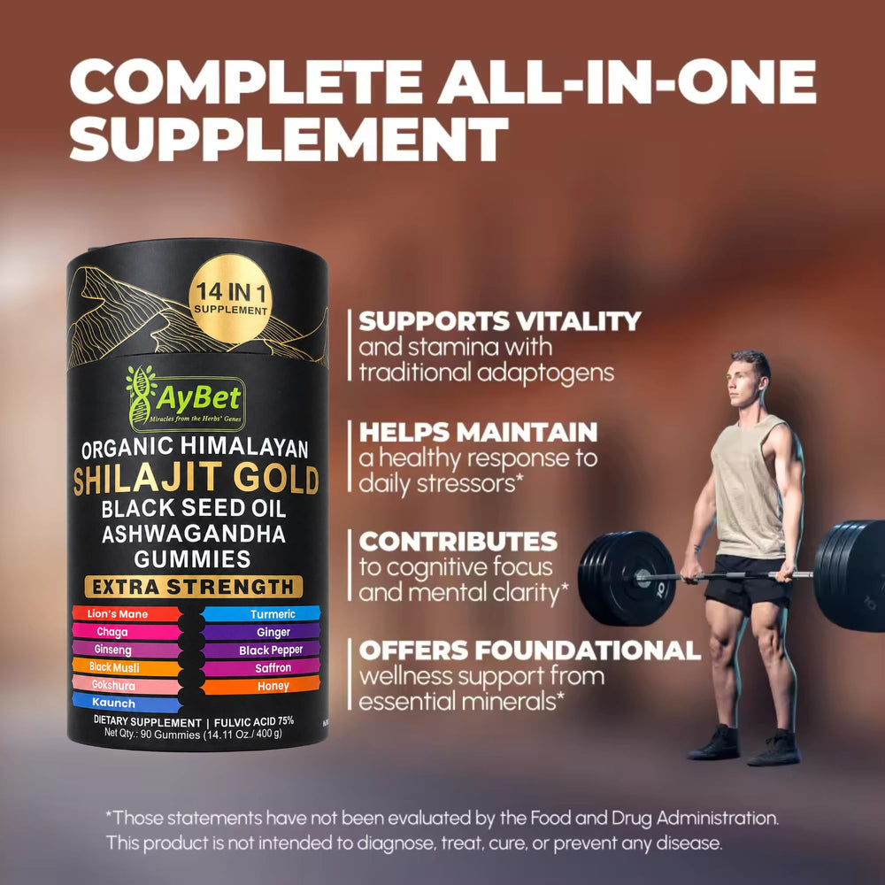 AyBet conjunto de ingredientes muestra shilajit, ashwagandha y ginseng, transparencia