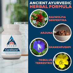 Ayush Herbs Carditone etiqueta con información clara y beneficios clave