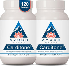 Ayush Herbs Carditone vista frontal con etiqueta clara y dosis