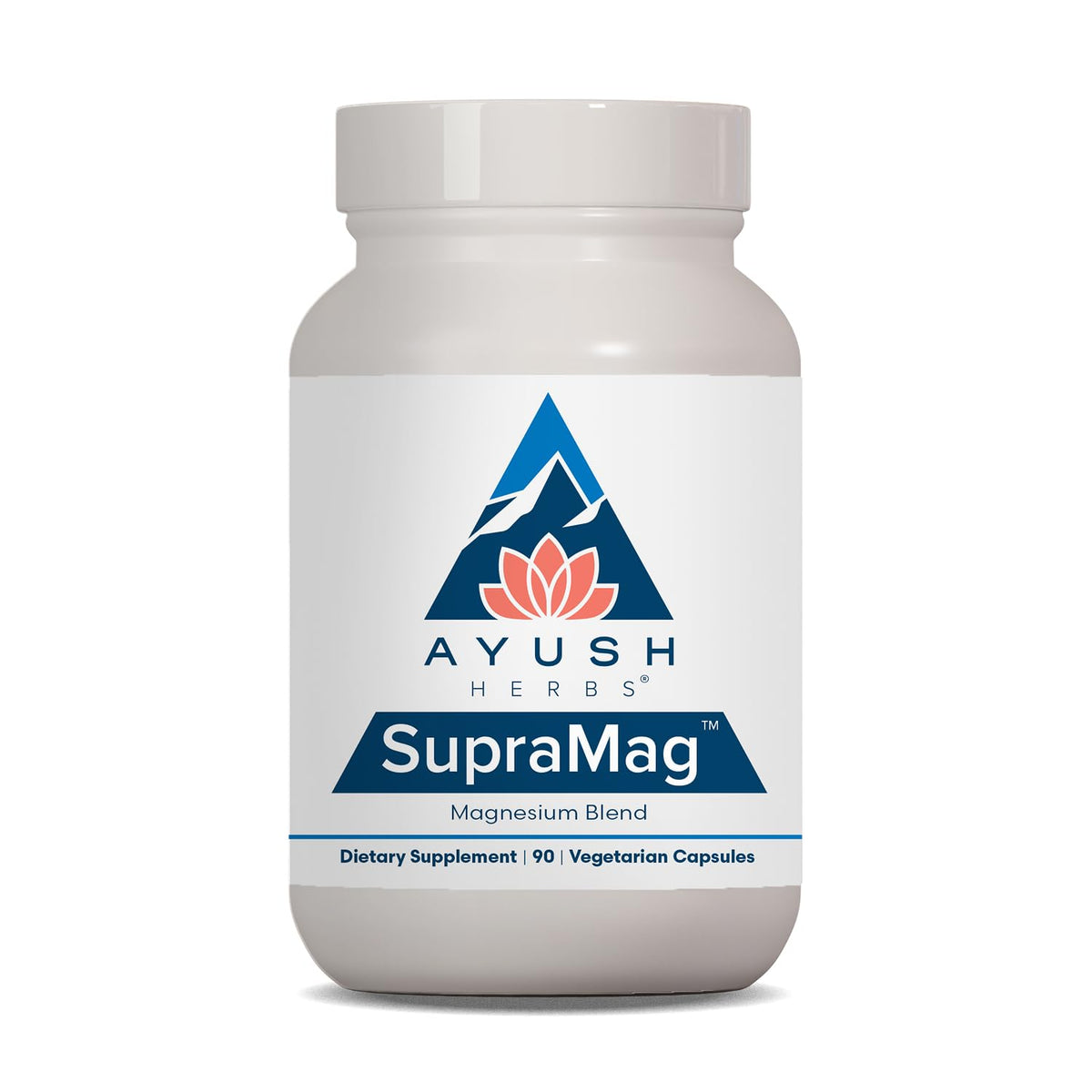 Ayush Herbs frasco SupraMag al frente con etiqueta clara y beneficios visibles