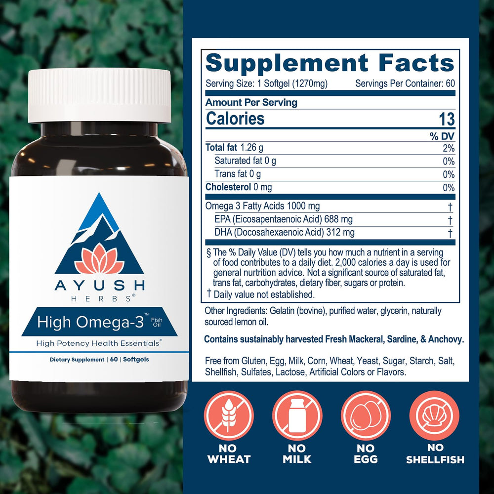 Ayush Herbs aceite de pescado gotas mostrando pureza y brillo