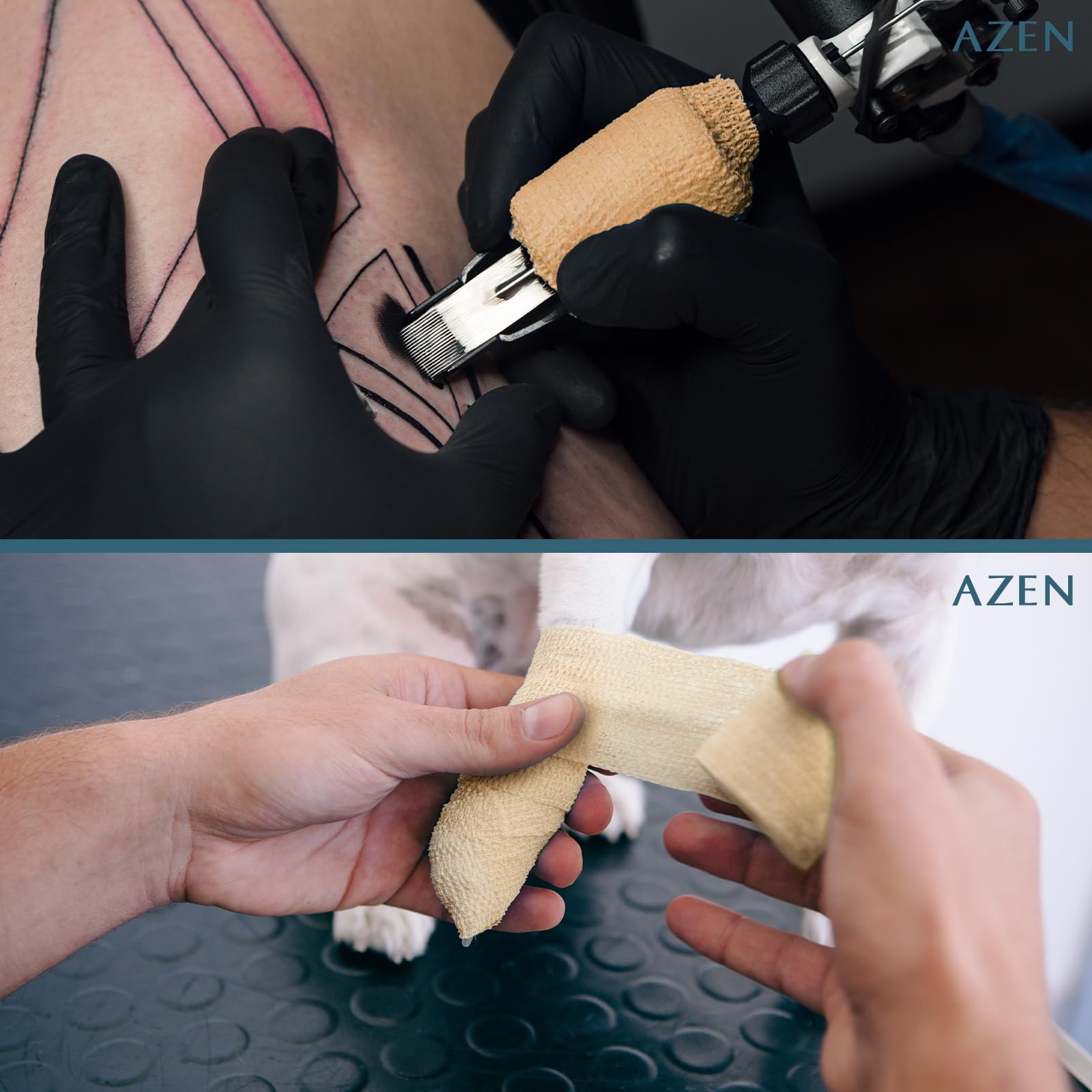 AZEN vendaje junto a una mano para mostrar tamaño y facilidad de uso