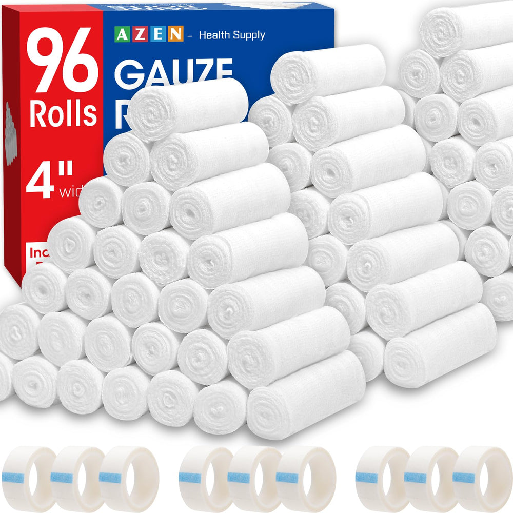 AZEN empaque frontal con 96 rollos de gasa, cantidad ideal para reabastecer botiquín