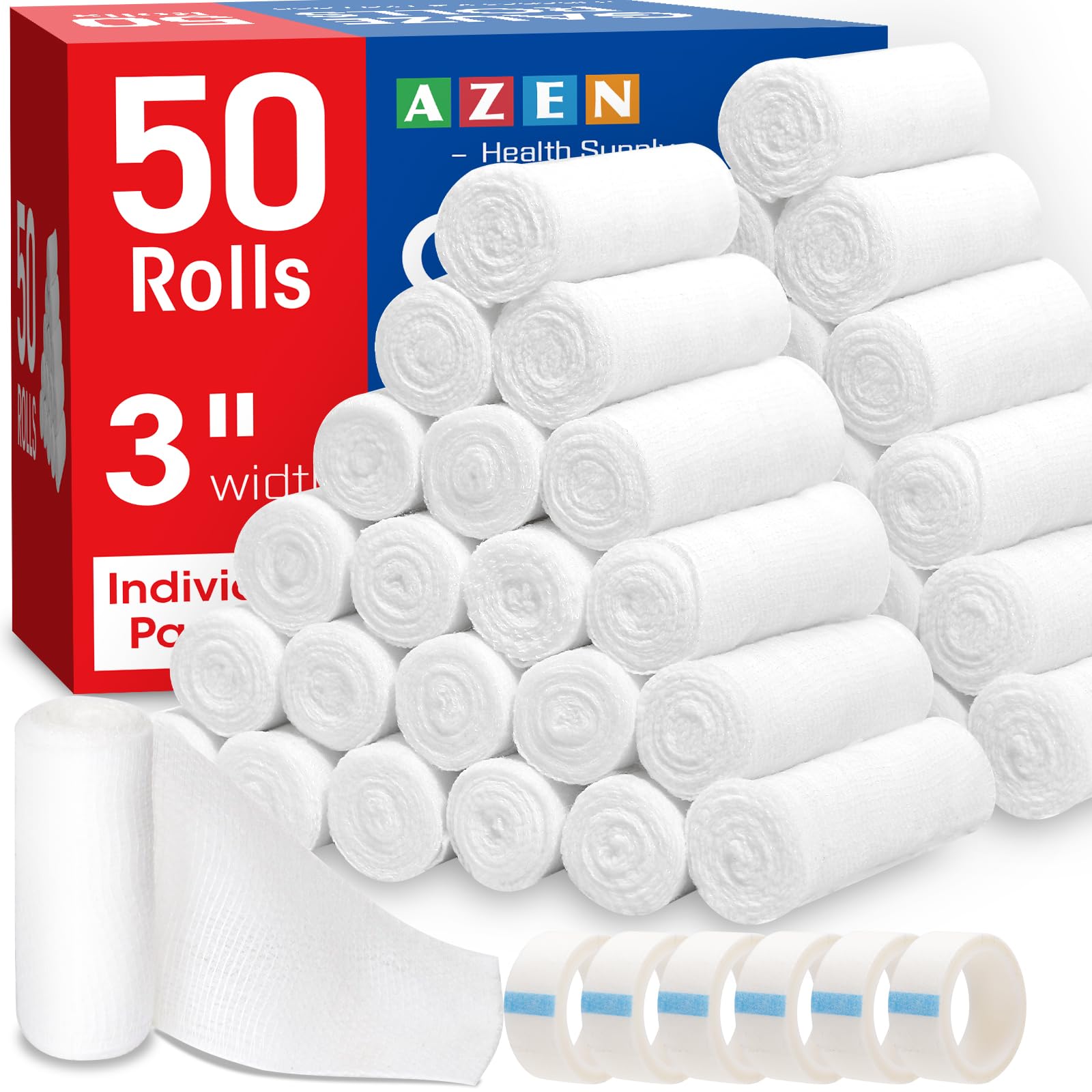 AZEN rollo de gasa frontal empaque mostrando cantidad y formato, práctico para botiquines