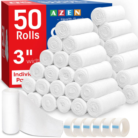 AZEN rollo de gasa frontal empaque mostrando cantidad y formato, práctico para botiquines