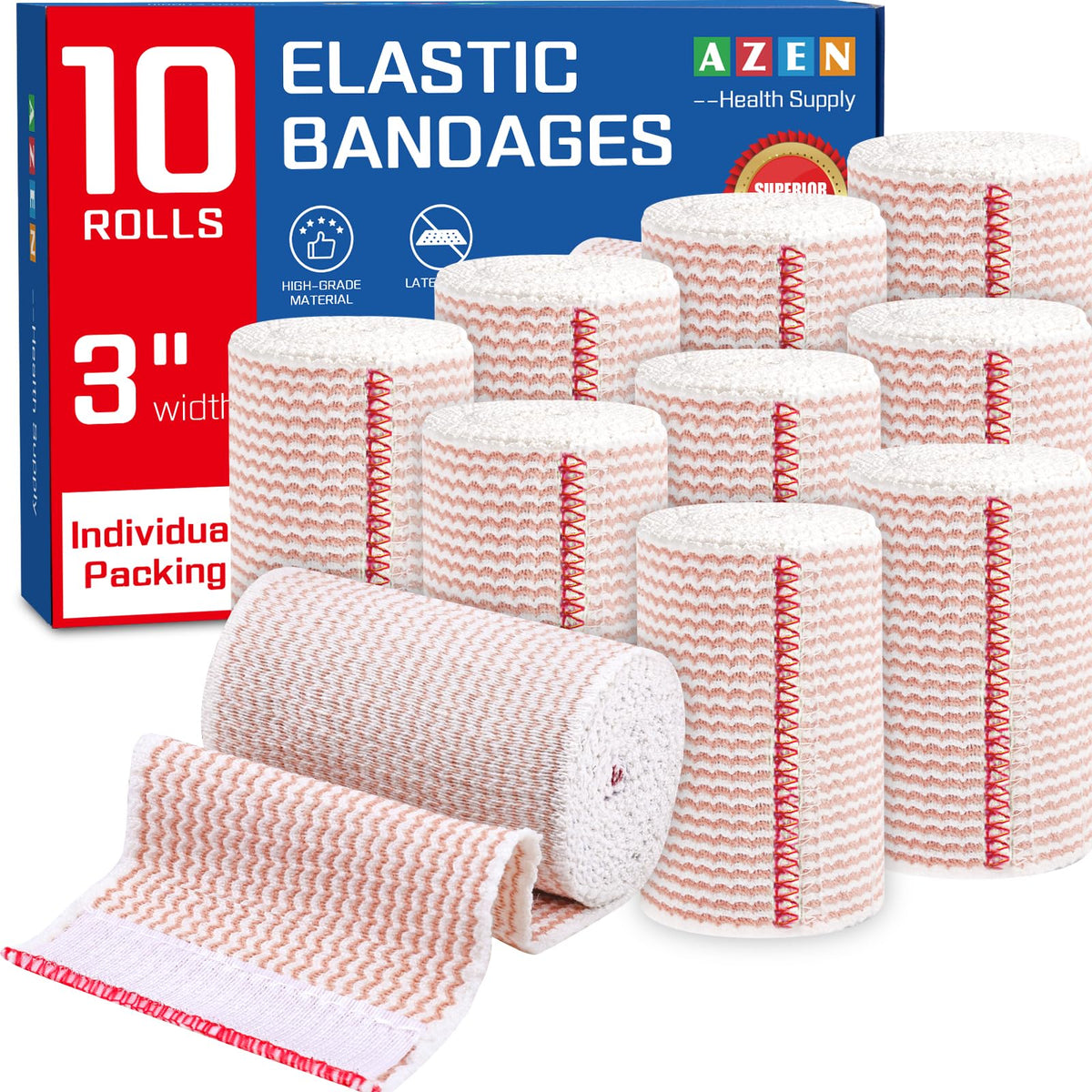 AZEN vista frontal del paquete de 10 vendajes elásticos, ideal para botiquín