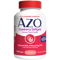 AZO envase frontal que muestra cápsulas blandas y beneficio para salud urinaria