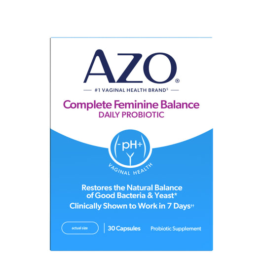 AZO empaque frontal visible que muestra 30 cápsulas y beneficios claros