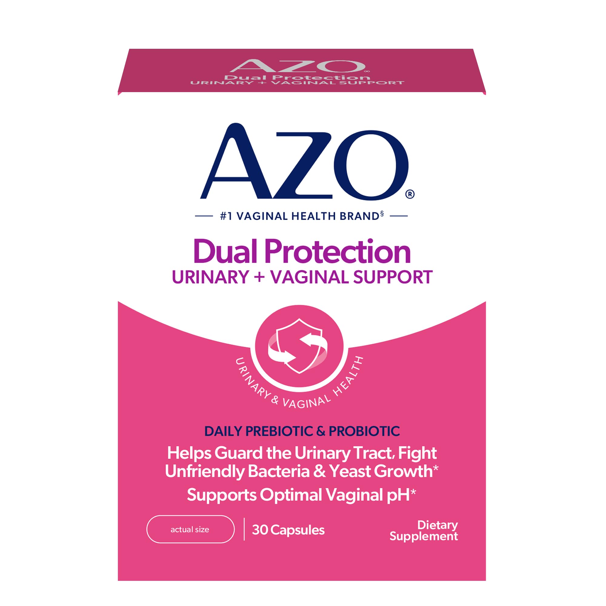 AZO envase frontal Dual Protection mostrando presentación y beneficios