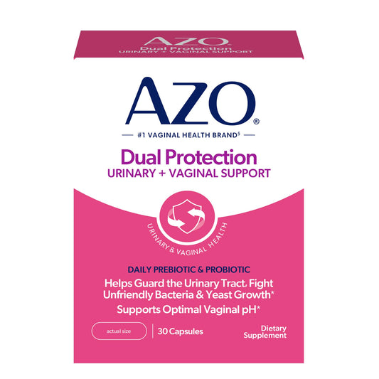 AZO envase frontal Dual Protection mostrando presentación y beneficios