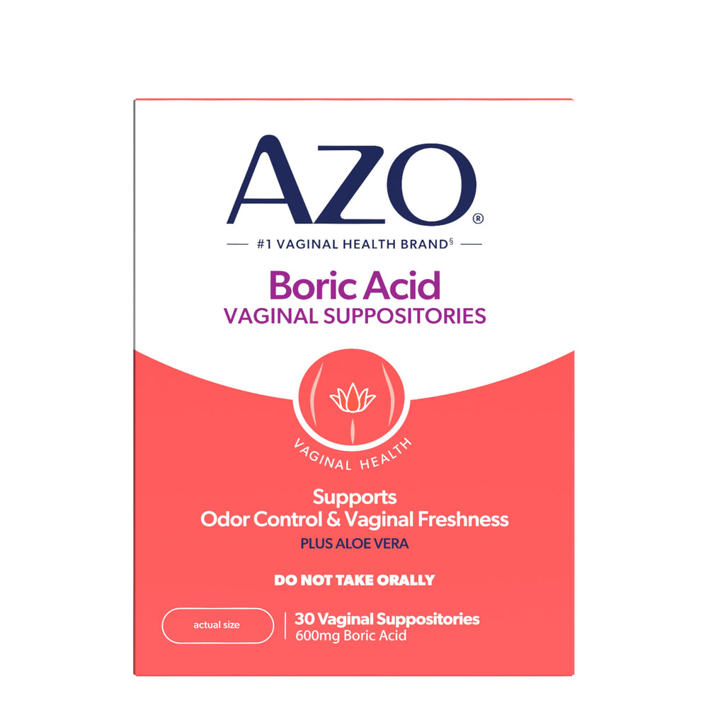 AZO empaque frontal del producto mostrando 30 supositorios y marca, confianza inmediata