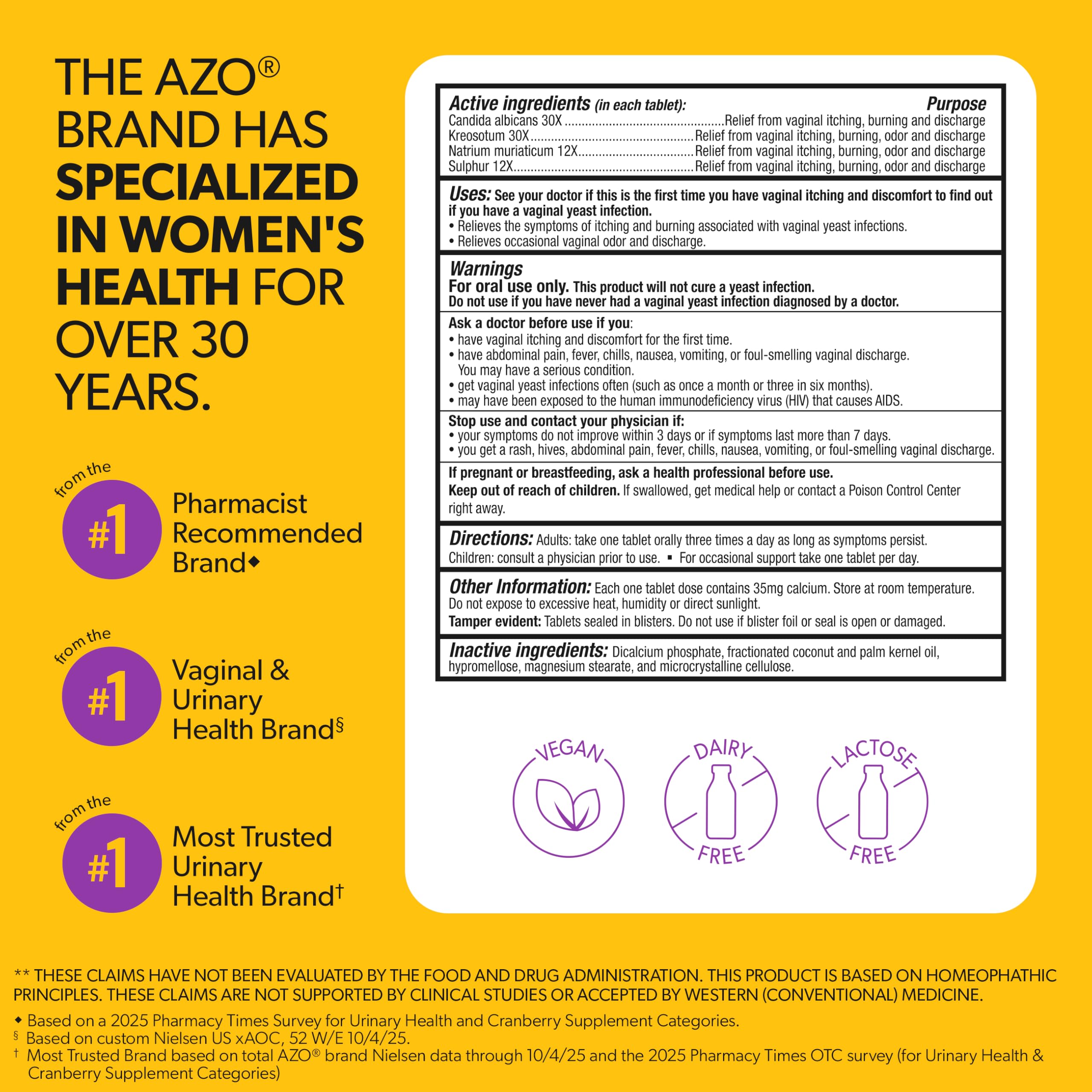 AZO etiqueta con lista de ingredientes reconocidos y seguridad