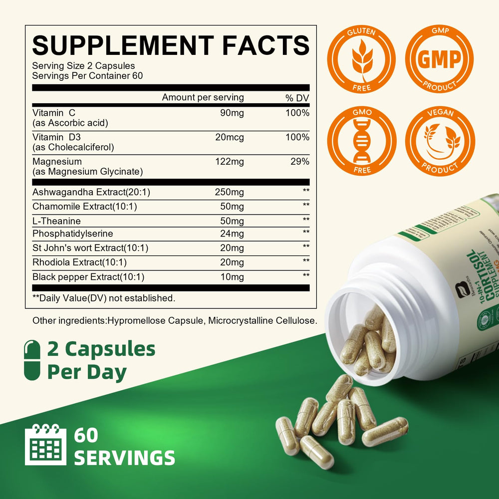 Ingredientes clave dispuestos: ashwagandha y fosfatidilserina para CortiCare B BEWORTHS, enfoque en adaptógenos