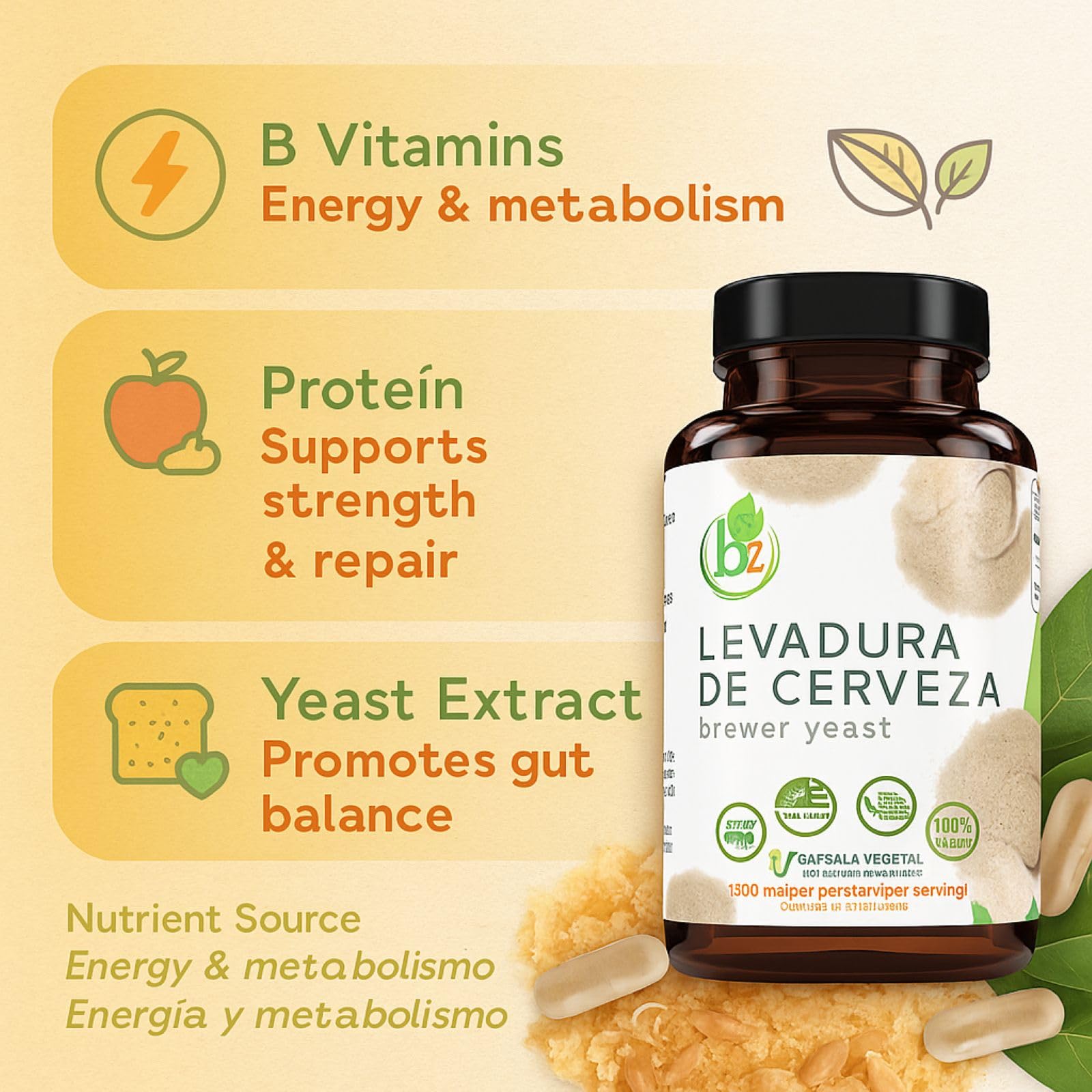 B-Experts cápsulas apiladas sobre fondo natural, transmite origen vegetal