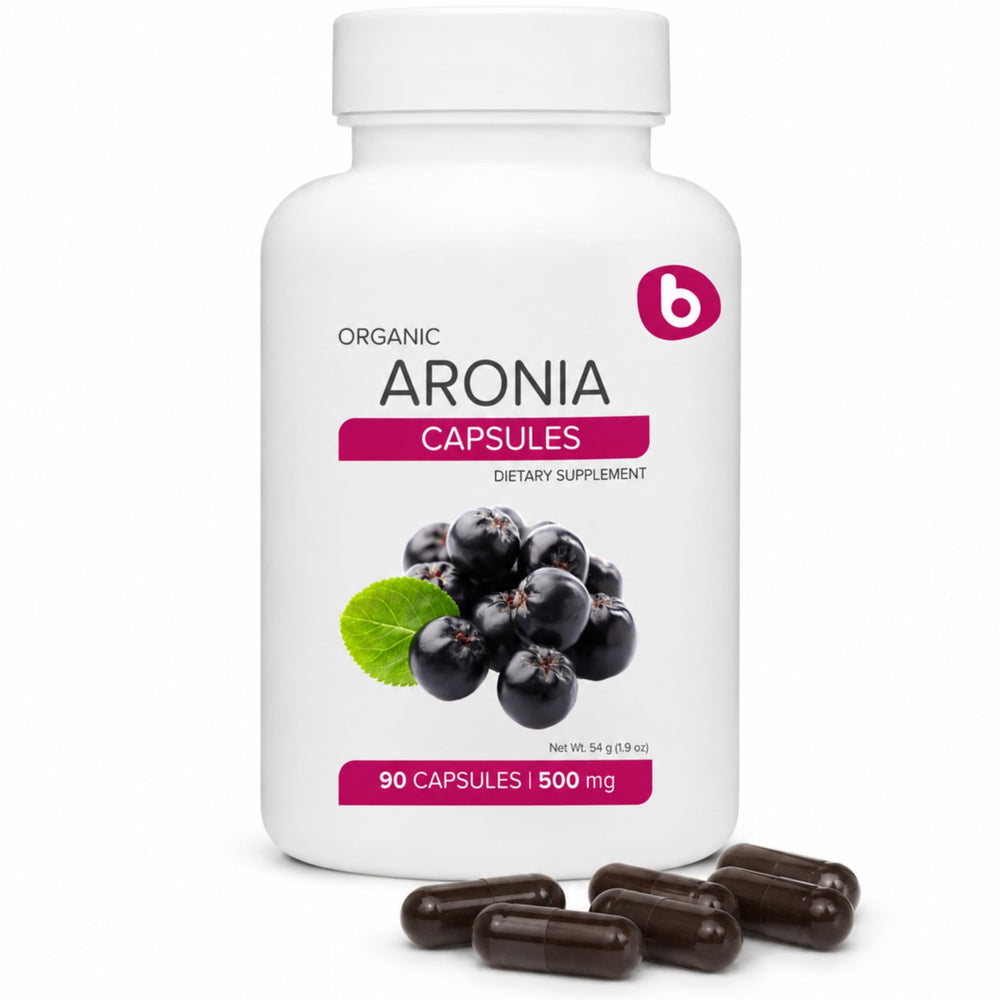 b frasco frontal de aronia orgánica, visual claro del envase y etiqueta informativa