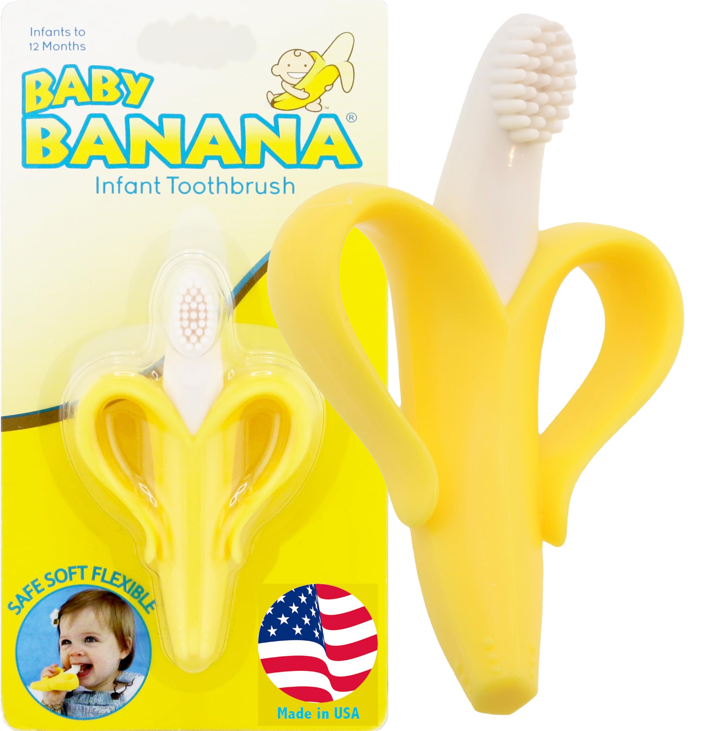 Baby Banana frontal del empaque mostrando el cepillo y motivo divertido